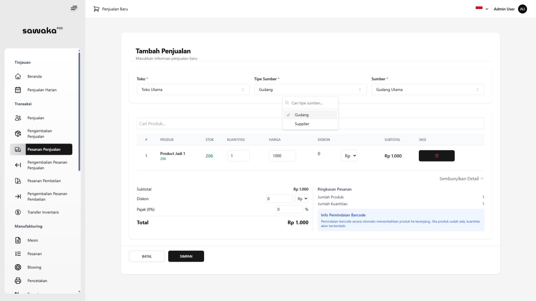 Formulir Tambah Pesanan Penjualan Formulir Tambah Pesanan Penjualan