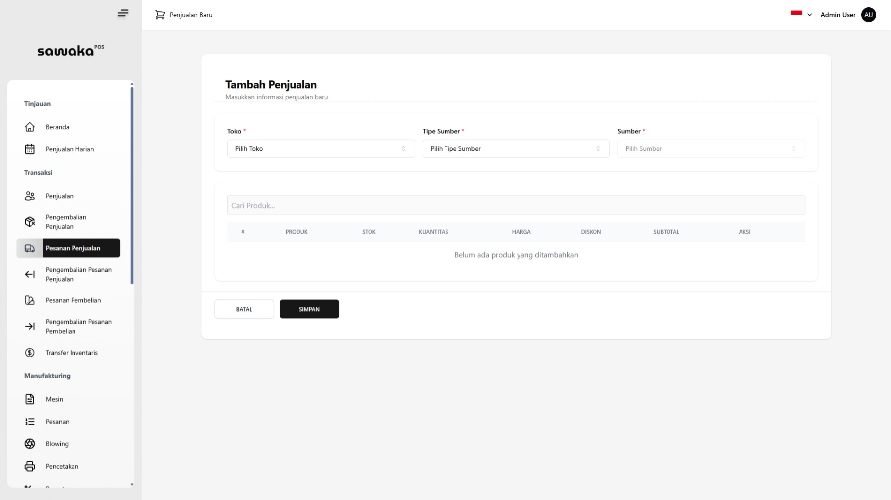 Halaman Tambah Pesanan Penjualan Halaman Tambah Pesanan Penjualan
