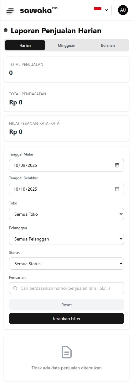 Tampilan laporan penjualan harian mobile Tampilan laporan penjualan harian mobile