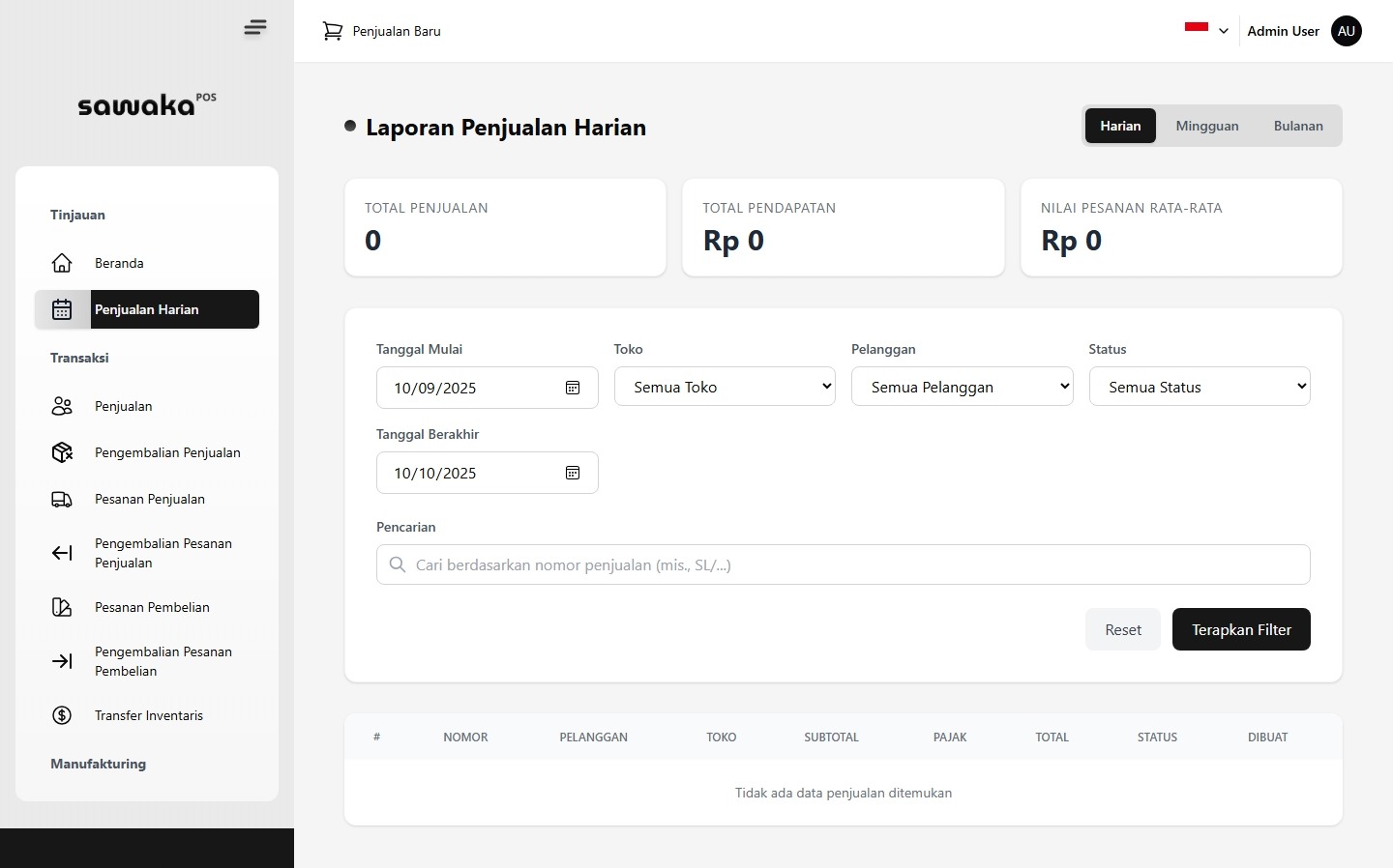 Tampilan laporan penjualan harian desktop Tampilan laporan penjualan harian desktop