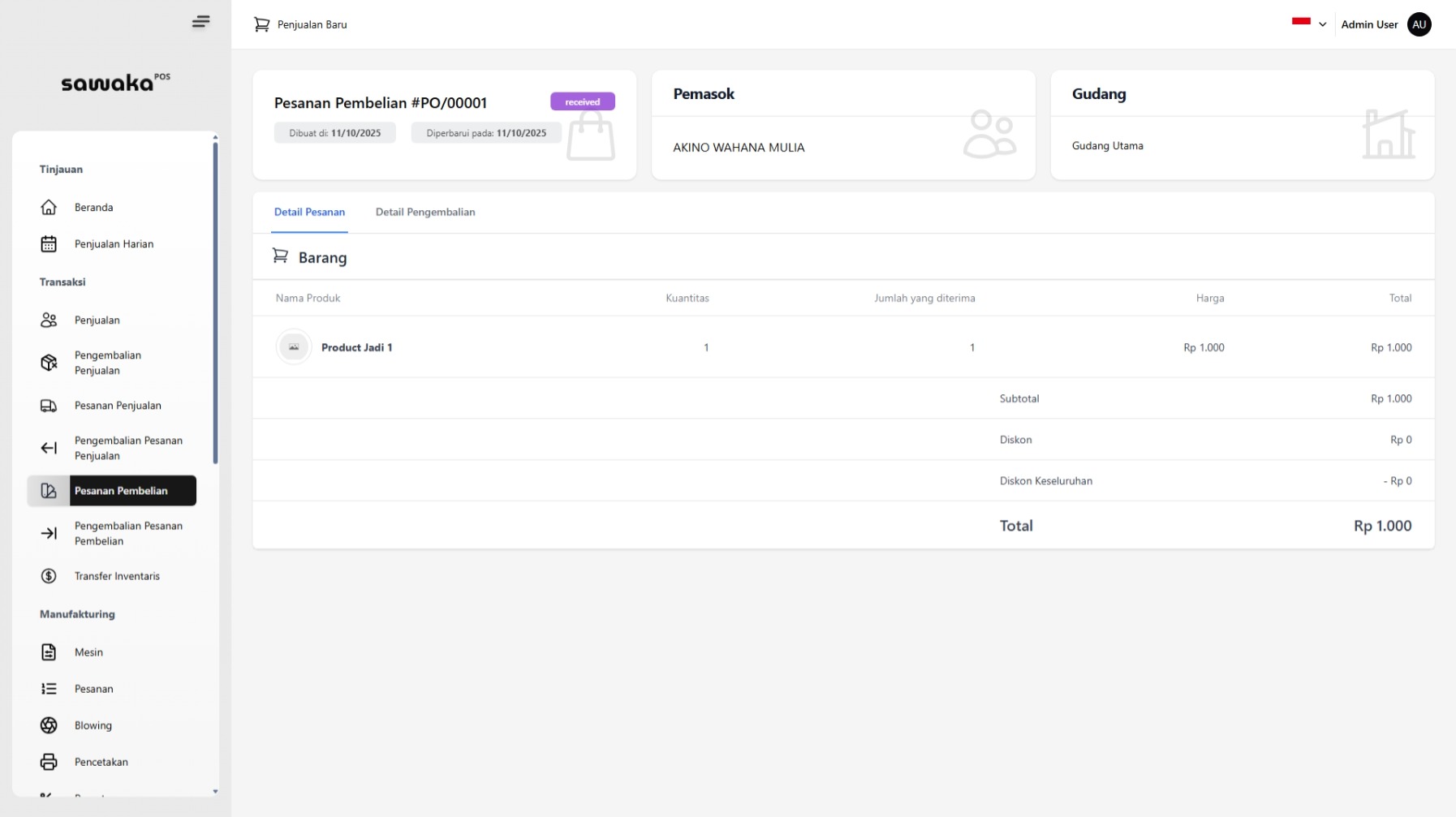 Detail Status Received Detail Status Received